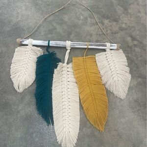 Handcrafted Boho Wall Hanging with Cream, Teal, and Mustard Feathers